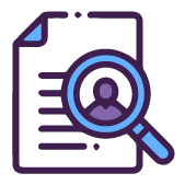 Icono morado de hoja con lupa sobre figura humana, representando comprensión de fortalezas individuales en pruebas psicotécnicas Neuro Kompe de Psigma Corp.