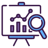 Icono morado de pizarra con gráfica ascendente y lupa, representando análisis de planes de desarrollo en pruebas psicotécnicas Neuro Kompe de Psigma Corp.