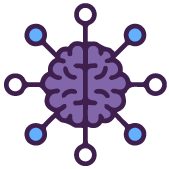 Icono morado de cerebro conectado por líneas, ilustrando la medición de factores determinantes en Neuro Kompe de Psigma Corp sobre Competencias y Preferencias Cerebrales.