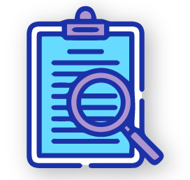 Icono azul con portapapeles y lupa, representando la aplicación de la prueba escrita en Psigma Corp, Pruebas Psicotécnicas Discover Inglés y Prueba Nivel de Inglés.