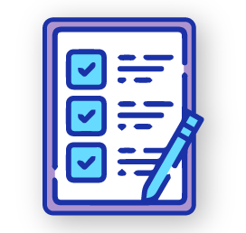 Icono azul con lista de verificación y bolígrafo, símbolo de evaluación de habilidades lingüísticas en Psigma Corp, Pruebas Psicotécnicas Discover Inglés y Prueba Nivel de Inglés.