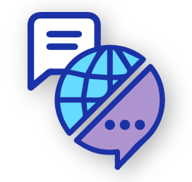 Icono azul con globo terráqueo y burbujas de diálogo, mostrando escenarios de conversación en Psigma Corp, Pruebas Psicotécnicas Discover Inglés y Prueba Nivel de Inglés.