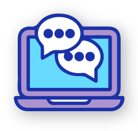 Icono azul con computadora y burbujas de chat, representando procesos de nivelación en Psigma Corp, Pruebas Psicotécnicas Discover Inglés y Prueba Nivel de Inglés.