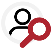 Alt: Icono de persona con lupa roja, Evaluador; EROS K Psigma Corp, Pruebas Psicotecnicas para Competencias Servicio Cliente.