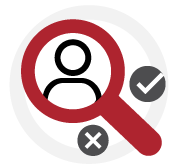 Persona con lupa roja y verificacion, Evaluado; EROS K Psigma Corp, Pruebas Psicotecnicas para Competencias Servicio Cliente.