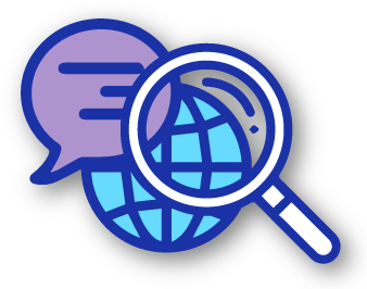 Icono azul con globo terráqueo y lupa sobre burbuja de diálogo, representando análisis de lenguaje global en Psigma Corp, Pruebas Psicotécnicas Discover Inglés y Prueba Nivel de Inglés.