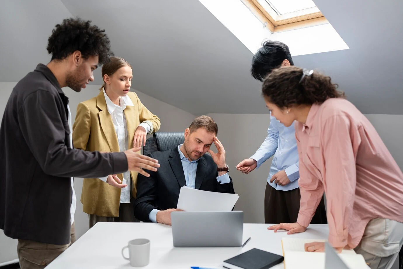 Imagen de equipo de trabajo discutiendo en relación al artículo sobre comportamiento en el trabajo de Psigma Corp.