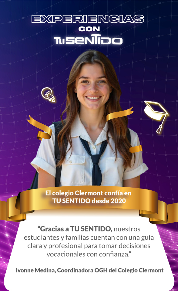 Testimonio del Colegio Clermont sobre la prueba TU SENTIDO de Psigma, destacando cómo ayuda a estudiantes a elegir qué carrera estudiar en Colombia con seguridad y respaldo profesional.