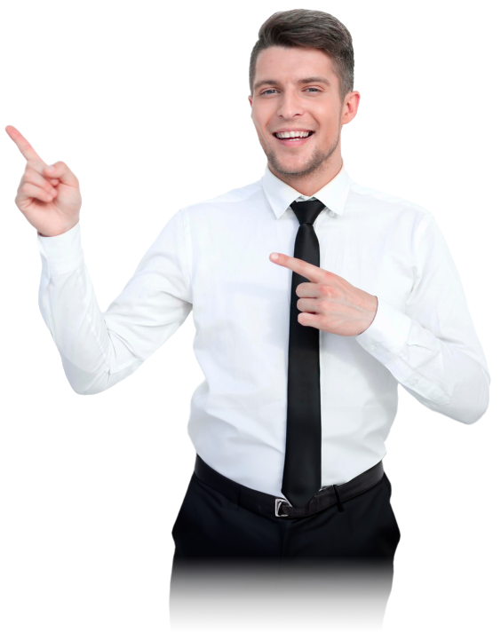 Hombre señalando hacia la izquierda con entusiasmo, representando resultados confiables de Pruebas psicotécnicas con Psigma Corp.