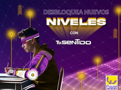 Estudiante con estilo gamer escribiendo en un escritorio, acompañado del mensaje “Desbloquea nuevos niveles con TU SENTIDO”, promoviendo la prueba vocacional de Psigma para ayudar a decidir qué carrera estudiar en Colombia.