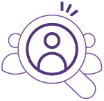 Icono morado de lupa enfocando figura humana, representando análisis y recomendaciones de desarrollo en pruebas psicotécnicas Psigma Corp Talento Operativo 2.0.
