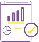 Icono de informe con gráficas y símbolo de verificación, ilustrando los resultados visuales del test de competencias laborales Psigma (K) TEST de Psigma Corp.