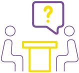 Icono de entrevista con dos figuras humanas y mesa, diseñado para ilustrar preguntas clave del test de competencias laborales Psigma (K) TEST de Psigma Corp.