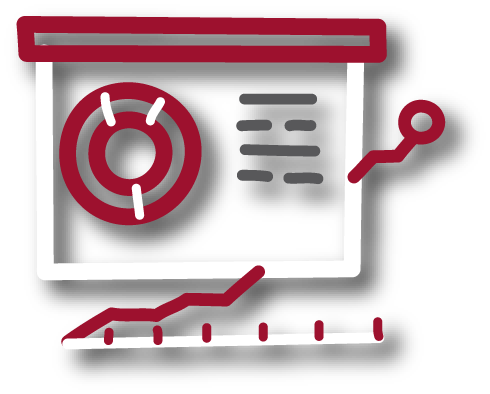 Icono rojo de tablero con gráfico circular y línea ascendente, representando el puntaje según variables demográficas en Psigma Corp, Pruebas Psicotécnicas Prueba Inteligencia Ejecutiva.