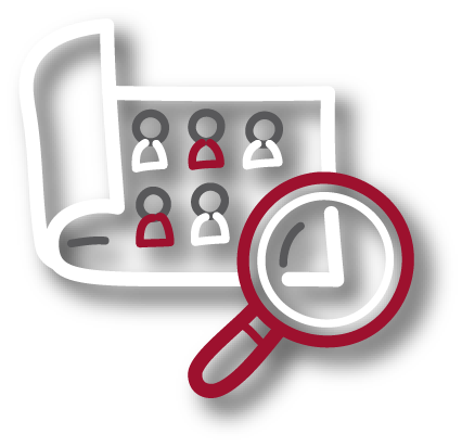 Icono blanco de lupa roja sobre gráfico de personas, representando el análisis descriptivo en Psigma Corp, Pruebas Psicotécnicas Prueba Inteligencia Ejecutiva centradas en Pensamiento Crítico Gerencial.