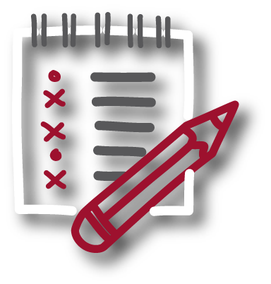 Icono blanco de cuaderno con lápiz rojo, mostrando informes integrales y gráficos en Psigma Corp, Pruebas Psicotécnicas Prueba Inteligencia Ejecutiva sobre Pensamiento Crítico Gerencial.