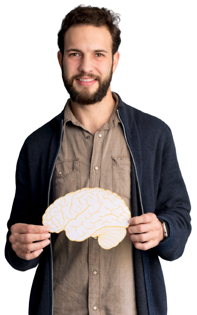 Hombre con ilustración de cerebro; pruebas psicotécnicas Psigma Corp. Neuro Kompe: Competencias y Preferencias Cerebrales.
